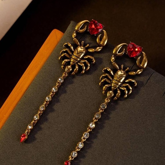 Gothic Scorpion Drop Earrings | Red Crystal Heart & Rhinestone Tail - Picture 4 of 12